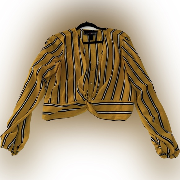 Polly & Esther Tops - Polly & Esther Yellow Women’s Striped V Neck Blouse with Subtle Buttons Sleeves